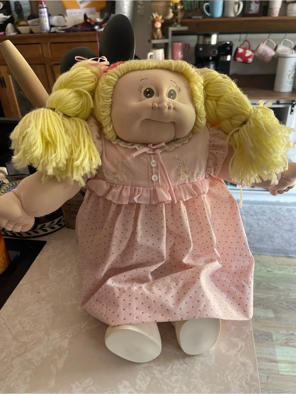 Vintage 1985 Cabbage Patch Soft Sculpture Doll, Pink Dress, Blonde Hair
